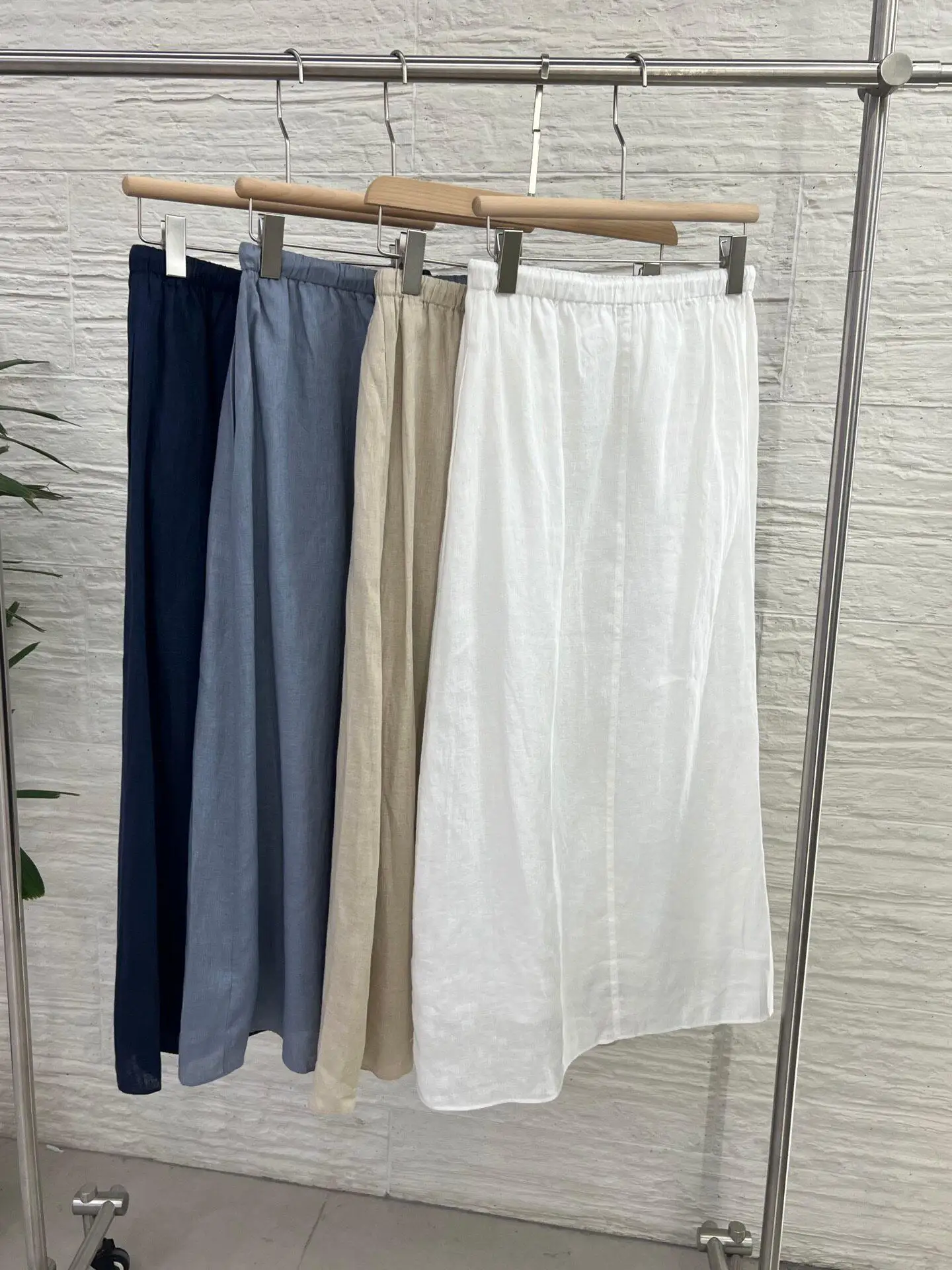 

Elastic versatile casual drawstring pure linen solid color midi skirt