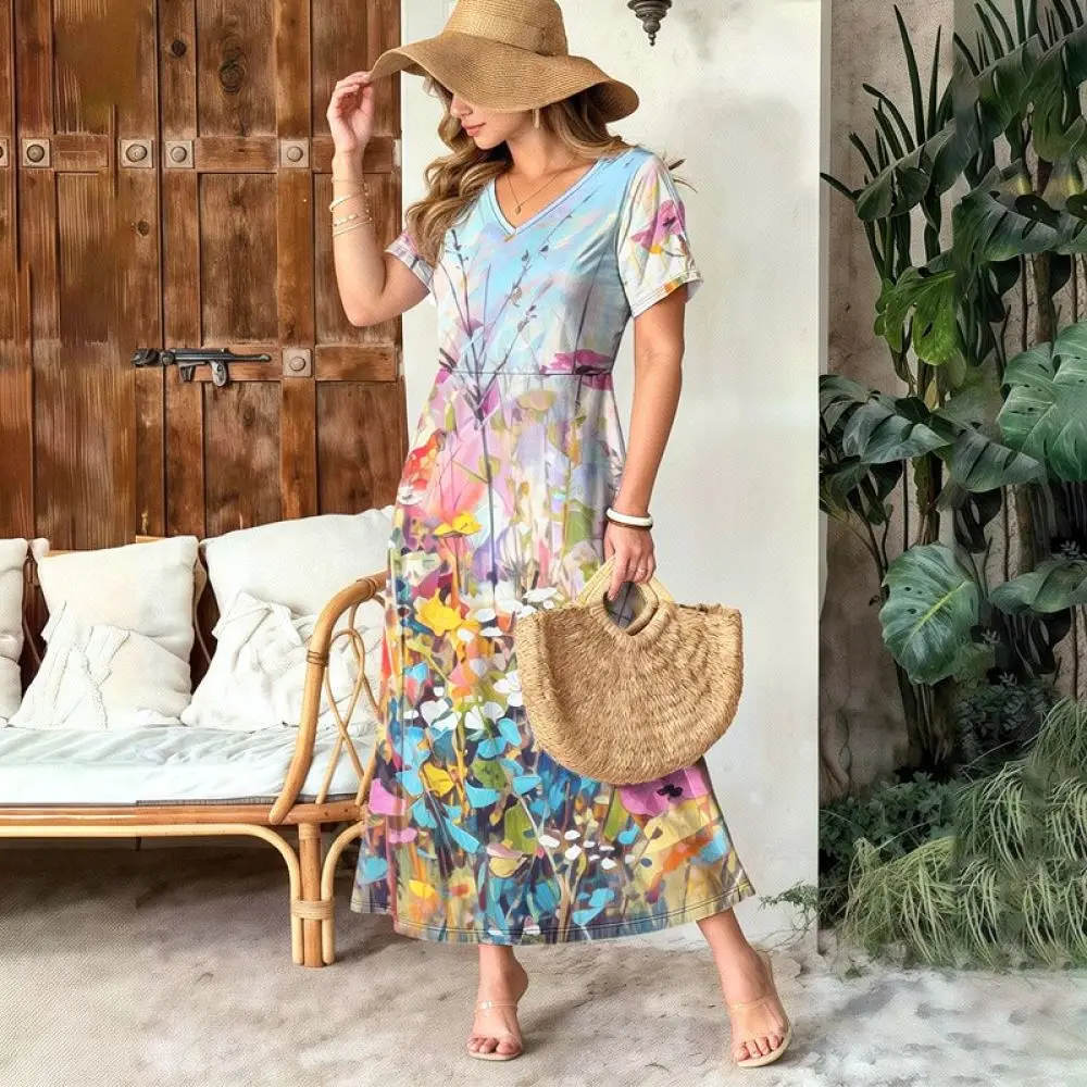 Womens Summer Dress Floral Print Casual V Neck Loose Fit Maxi Dresses Bohemian Style Elegant Flowy Holiday Outfits