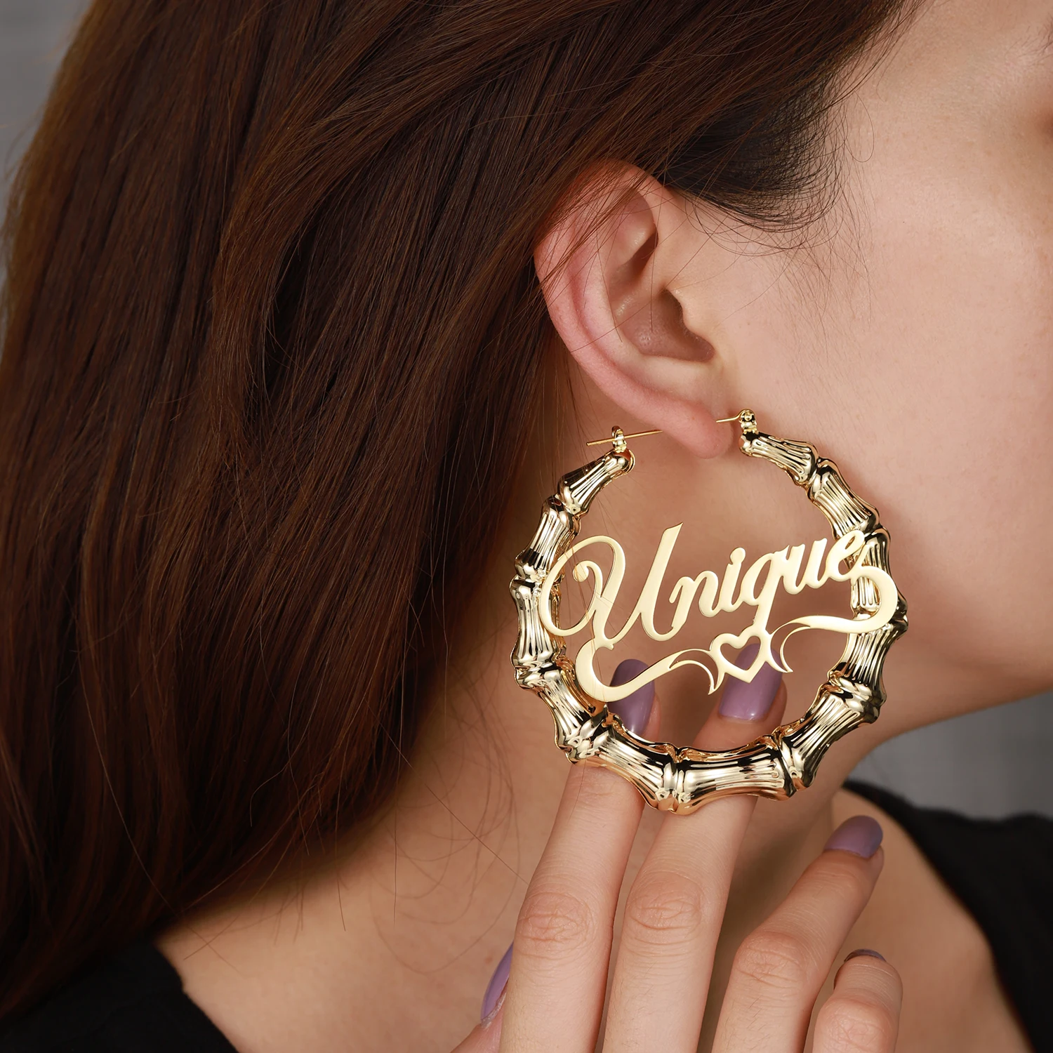 

Бамбуковые серьги-кольца на заказ из нержавеющей стали, персонализированные позолоченные украшения с акцентами в форме сердца, модные рождественские серьги