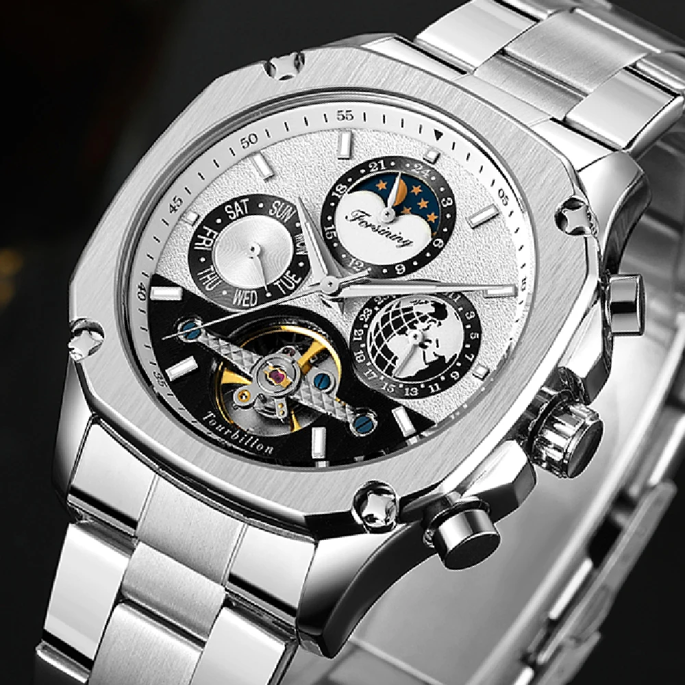 FORSINING Automatic Male Watch Square Case Tourbillon Mechanical Auto Date Day 24 Hour Stainless Steel Bracelet Gift for Men