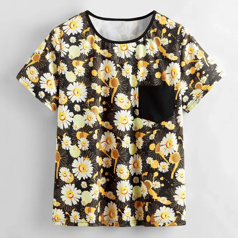 T-shirt de manga curta com estampa floral feminina, top elegante com bolso frontal, tamanho grande 6xl e 7xl, moda verão