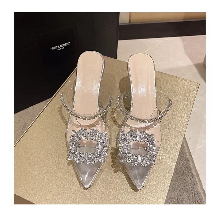 Summer Shoes Rhinestone Sandals Clear Crystal High Heels Women's Stiletto Shoes  Sexy Pointed Toe Slip-on Wedding Party Pumps