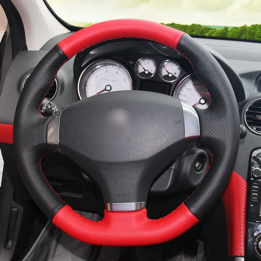 

Нескользящий чехол на руль автомобиля из натуральной кожи с ручной вышивкой, черный, красный, 2013, аксессуары для интерьера Peugeot 408