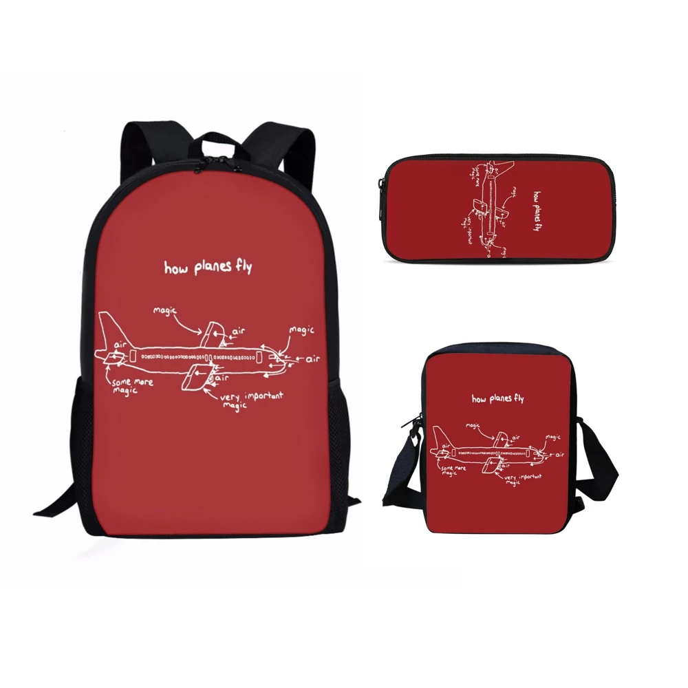 Letter Airplane Pilot 3D Print 3pcs/Set Pupil School Bags Laptop Daypack Backpack Inclined Shoulder Bag Pencil Case Lunch Bag