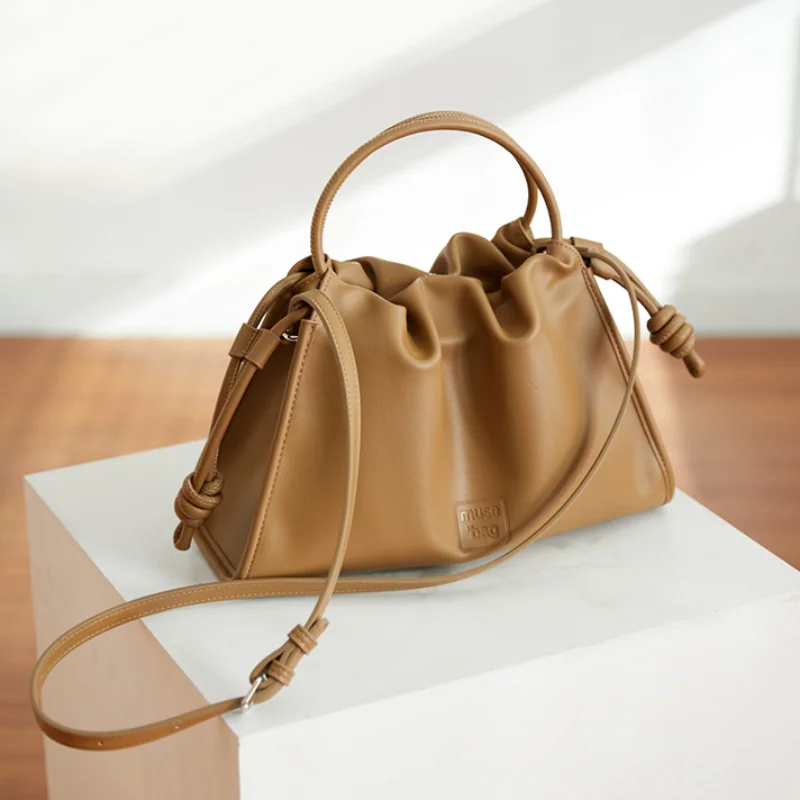 

French-style Cloud Bag For Women Drawstring Pleated Soft Leather Handbag Fashion Shoulder Bag Brand Large Capacity Commuter Bag