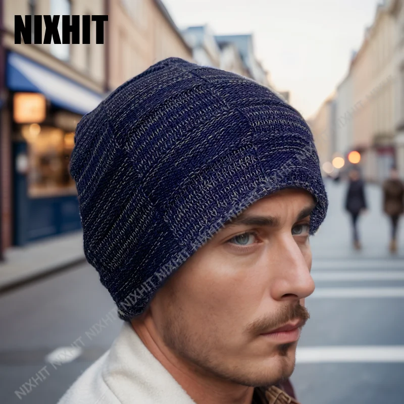 NIXHIT New Plus Velvet Thicken Knitted Beanie Warm Skullies Beanies Men Winter Hat Women Knitted Hats Casual Riding For Men Cap