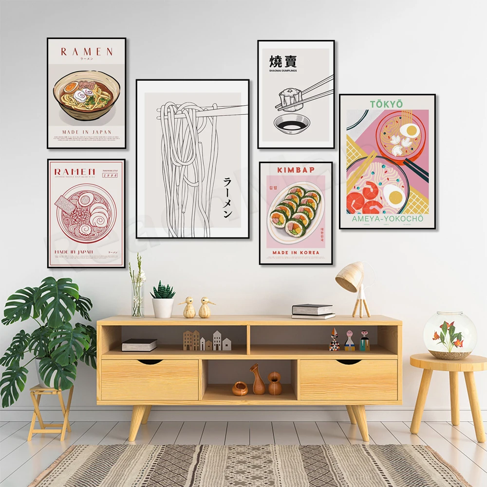 Japanese ramen, dumplings, Japanese food, siu mai, Korean kimbap, fruit market, persimmon, coffee print, asia, kitchen poster