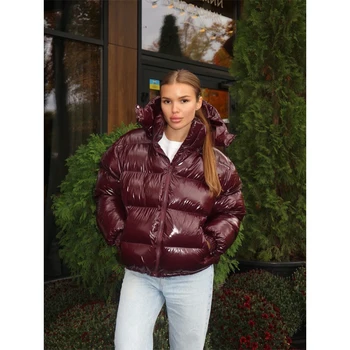 Women Solid Shiny Padded Hooded Winter Coat  Glossy Long‑sleeve Thick Warm Winter Quilted Outerwear Casual Cotton‑padded Jackets