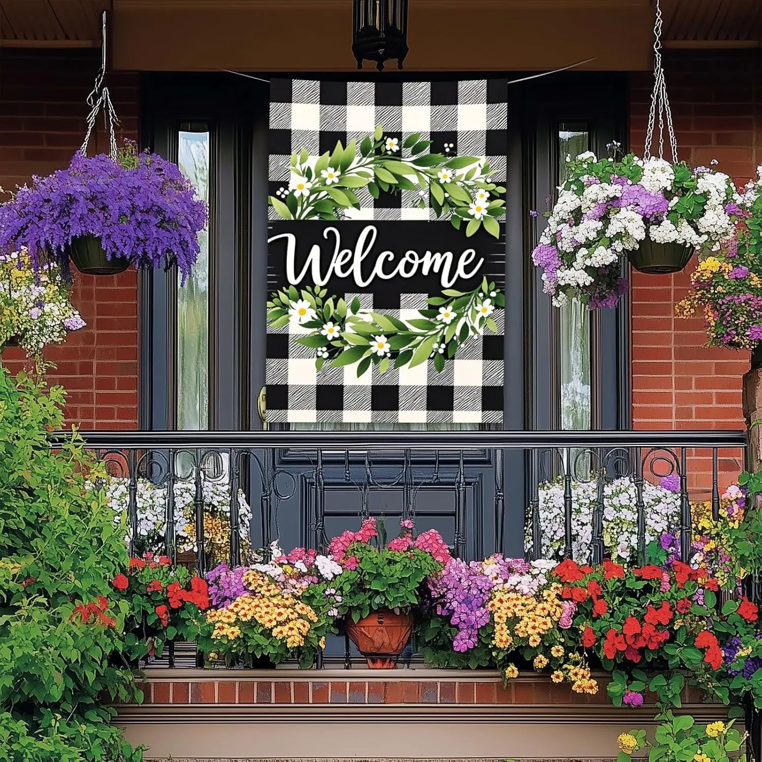 BlissYard Buffalo Plaid Welcome House Flag 28 x 40 Inch, Black White Farmhouse Outdoor Decor with Greenery for Front Yard Po AAS