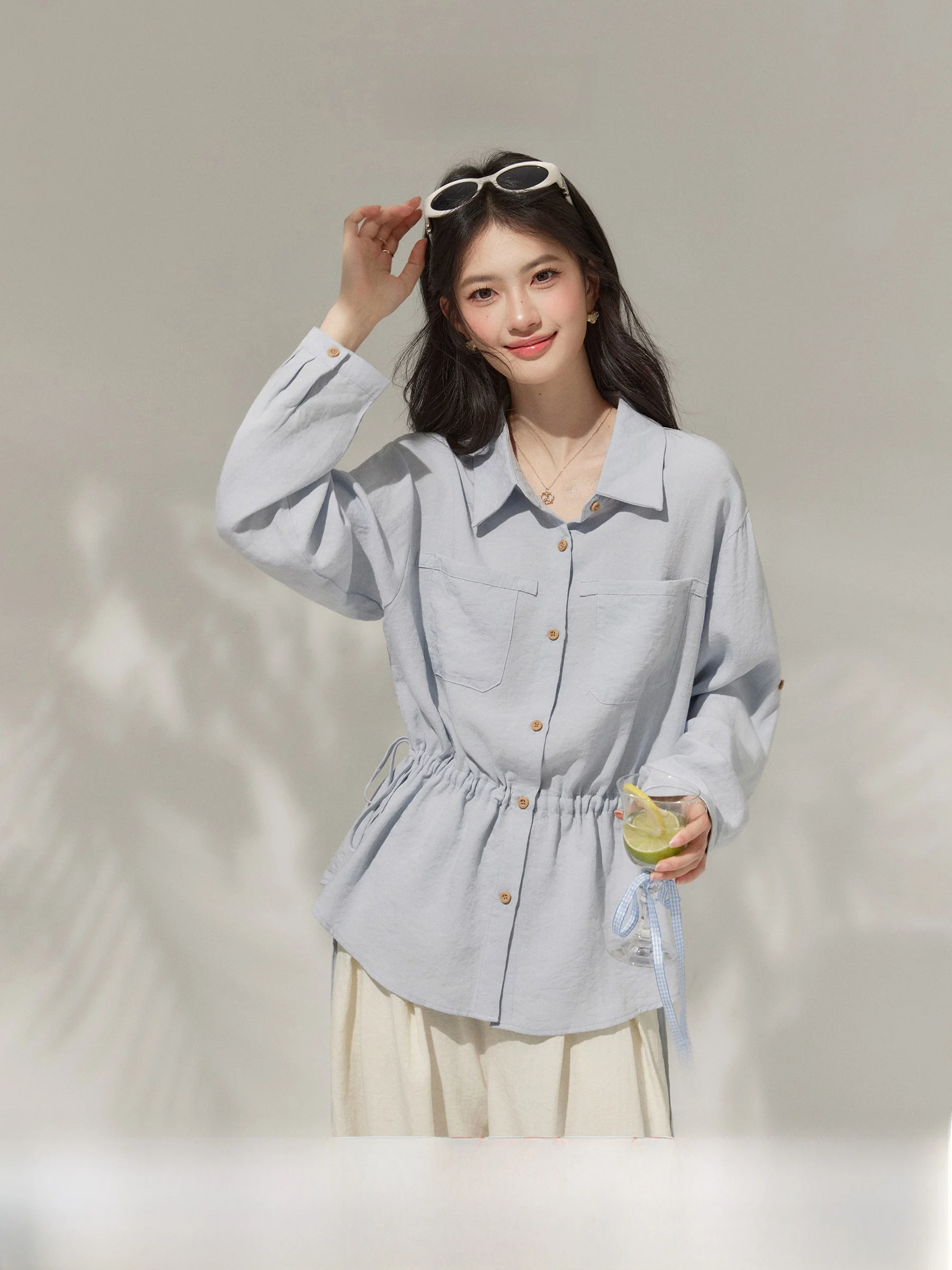 

Elegant Long Sleeve Shirt Women's Drawstring Design Slimming Waist Tunic Top Salt And Sweet Style Casual Fashion