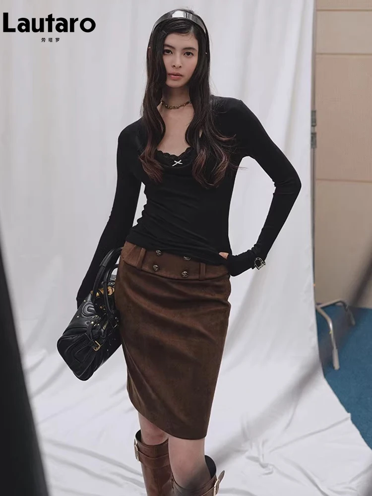 

Юбка-карандаш Lautaro из матовой состаренной коричневой мягкой искусственной замши, женская, до колена, шикарная, дизайнерская, класса люкс