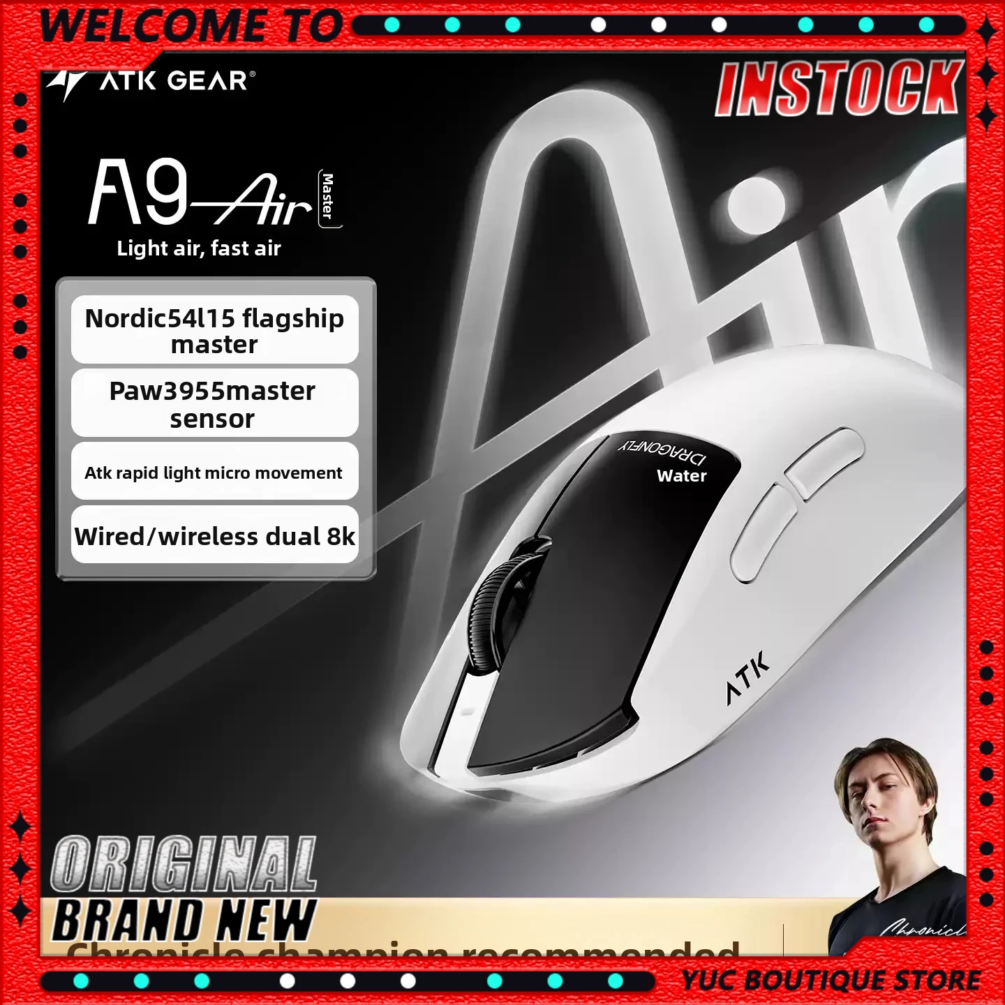 INSTOCK ATK A9 AIR Ultimate Plus PAW3955 Nordic54l15 Wireless Gaming Mouse 8K 3mode Esport Star Flash Lightweight Dual Ultra