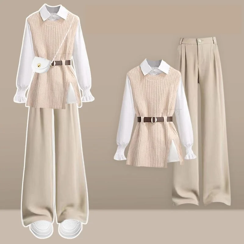 Women's Spring Autumn New Loose Knit Sweater Vest+Shirt+Wide Leg Pants 3-Piece Korean Elegant Casual Tracksuit Matching Set