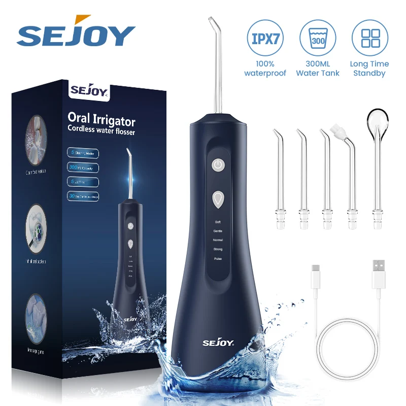 Sejoy Water Flosser Cordless Oral Irrigator for Teeth Cleaning Denture Brushes for Home Travel 5 Dental Tips IPX7 Portable