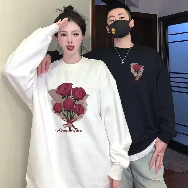 2024 Long Sleeve Pullover Fashion Lose Top Spring Autumn Y2k Men Woman Couple Clothing Print Hoodie Harajuku Roses Warm