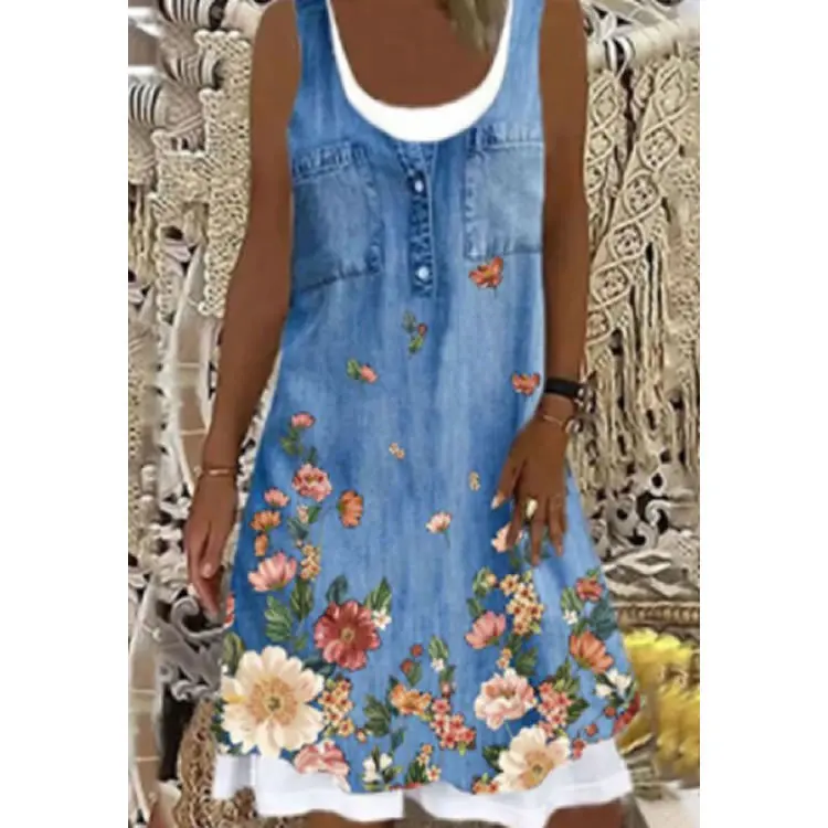 

2024 Summer Women Tank Dress Retro Denim Style Butterfly Print Splice Mini Dress Casual Sleeveless O-neck Loose Dresses Sundress