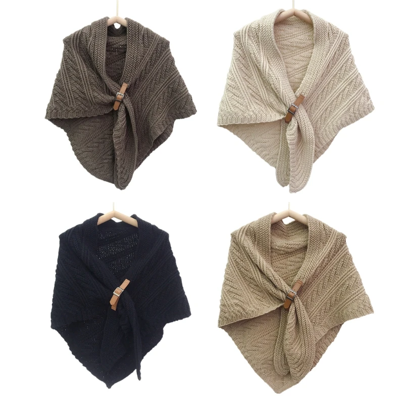 

Korean New Knitted Shawl Scarf Shawl Buckle Women Hollow Out Large Triangular Leather Buckle Bib With Warm And Dropship