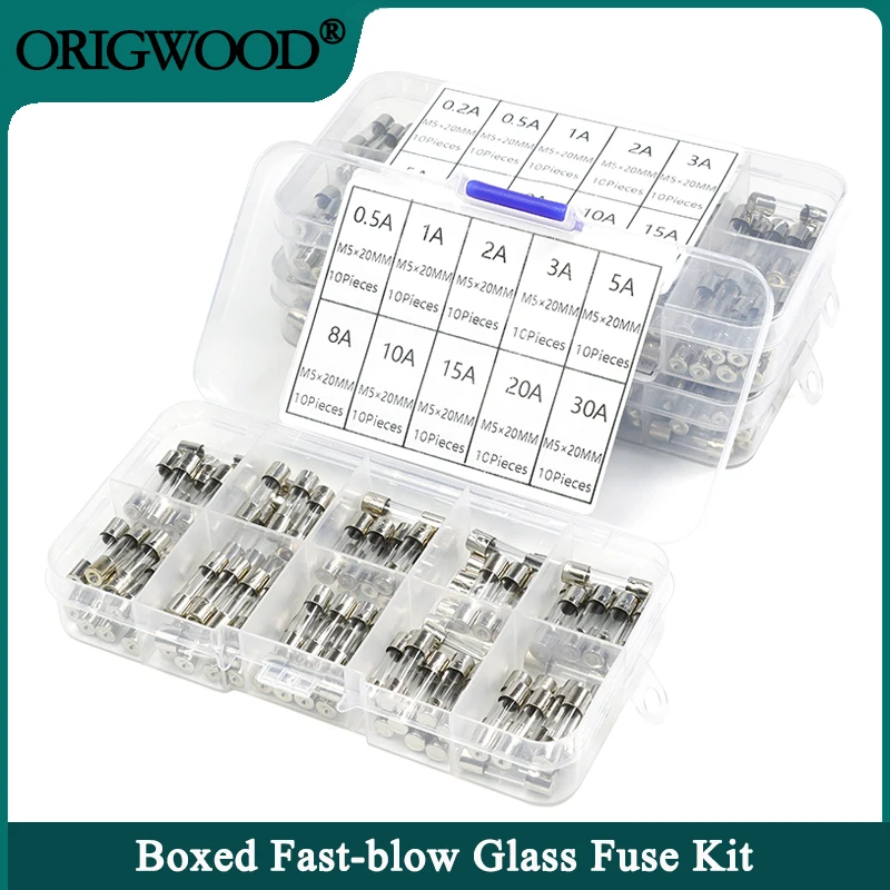 

Boxed Fast-blow Glass Fuse 250V 0.2A 0.5A 1A 2A 3A 5A 8A 10A 15A 20A 30A 5x20mm Household Assorted Car Glass Tube Fuses Kit