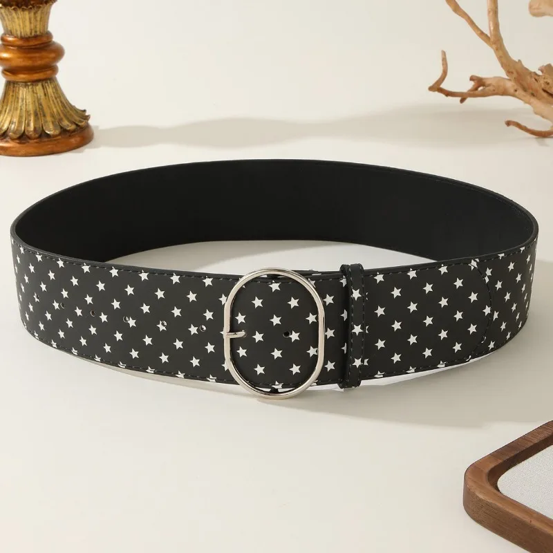 Korean Star Print Waist Belt Women's Oval Button Decorated Waistband Retro Versatile Dress Jeans Belt Wide 6.5cm