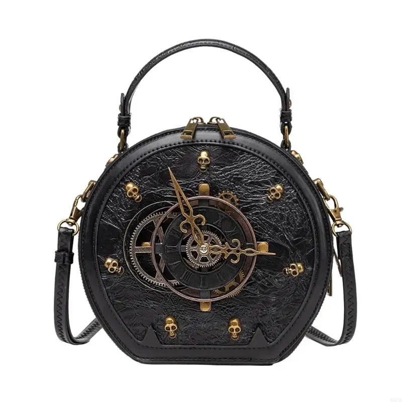 

E8FB Women Bag Retro Shoulder Bag PU Leather Handbag Clock Bag Steampunk Crossbody Bag Gothic Bag for Daily