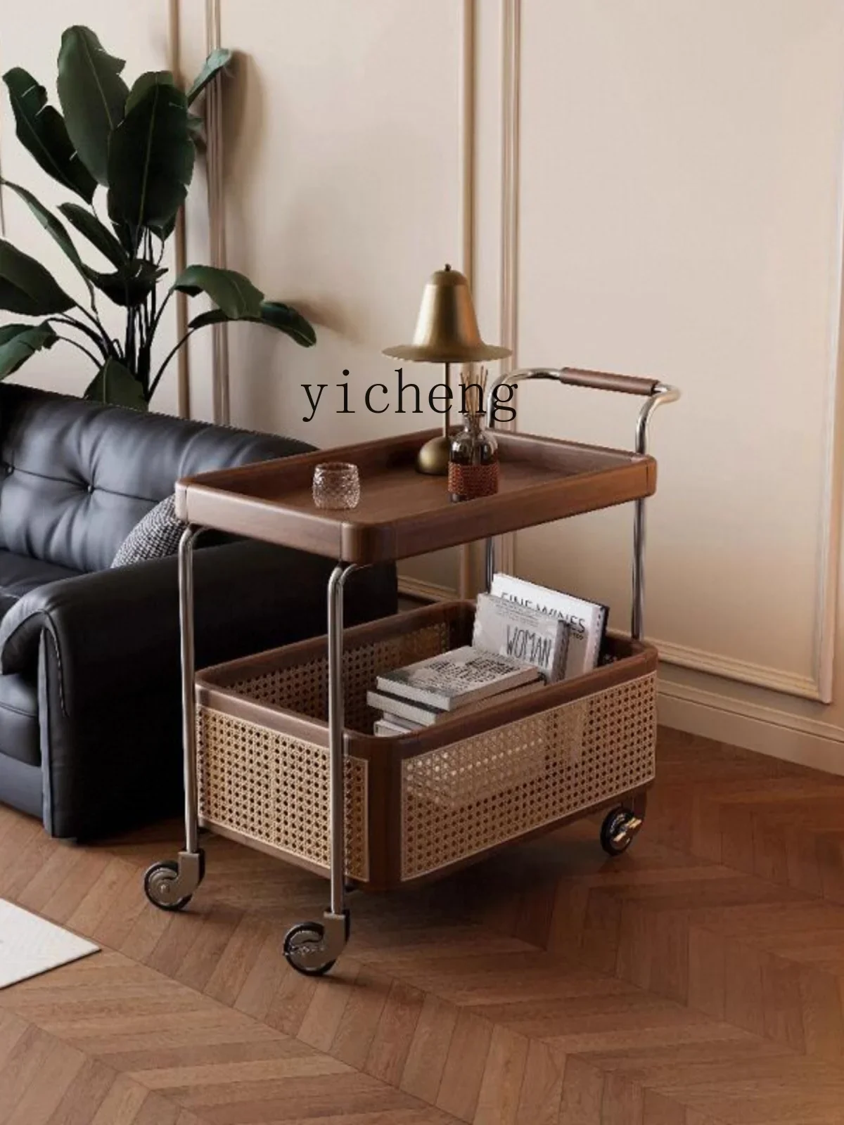 TQH solid wood edge table movable trolley with wheels rattan storage living room sofa side cabinet