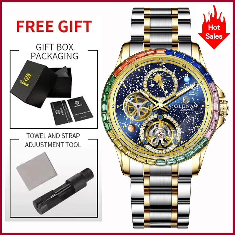 2026 GLENAW Design New Rainbow Circle Mechanical Watch Men 43MM Constellation Dial Men Watch Luminous Waterproof Automatic Watch image 3