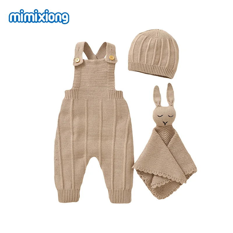 0-18m Newborn Clothes Spring Solid Sleeveless Knitted Baby Boys Girls Rompers Hats Security Towel 3pcs Sets Autumn Infant Outfit