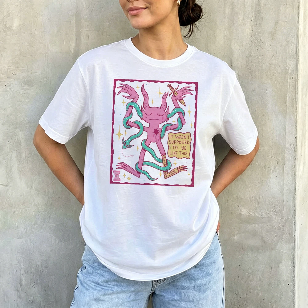 Pink Demon Snake Tarot Style Funny Quote Women Summer Cotton T Shirt Weird Mystical Creative Street Casual Tee