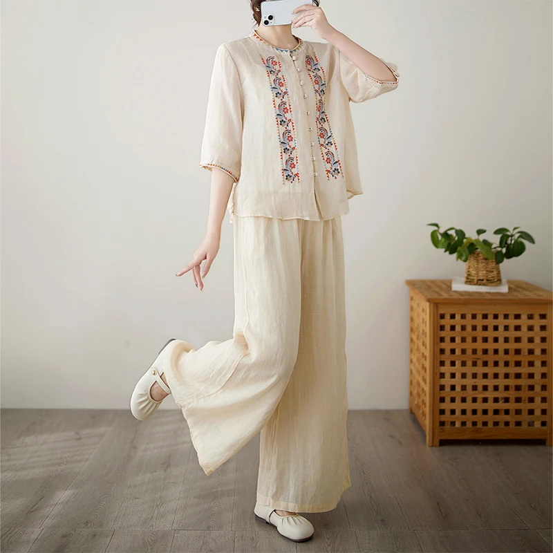 

Повседневный женский комплект из хлопка и льна с вышивкой, летние широкие брюки Faion, костюм из двух предметов, студенческий школьный orm, рабочий наряд