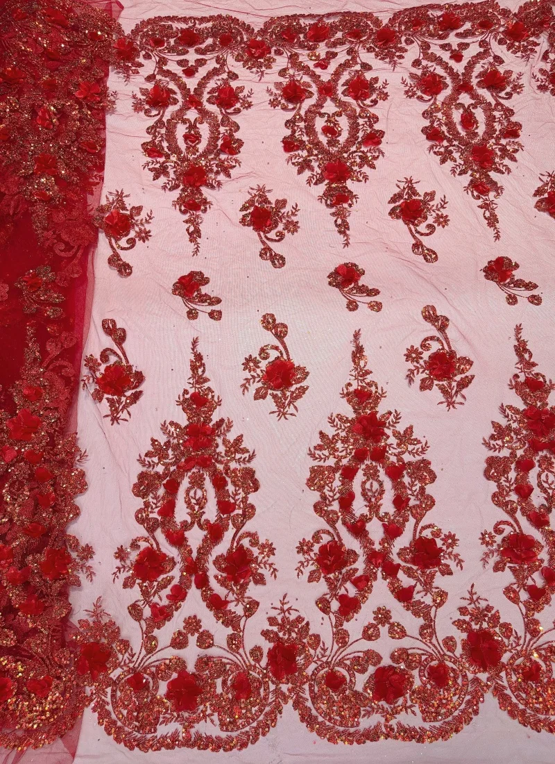

African 3D Flower Embroidered Lace Fabric 2026 High-end French Nigerian Glue Sequins Lace Fabric for Wedding Dress