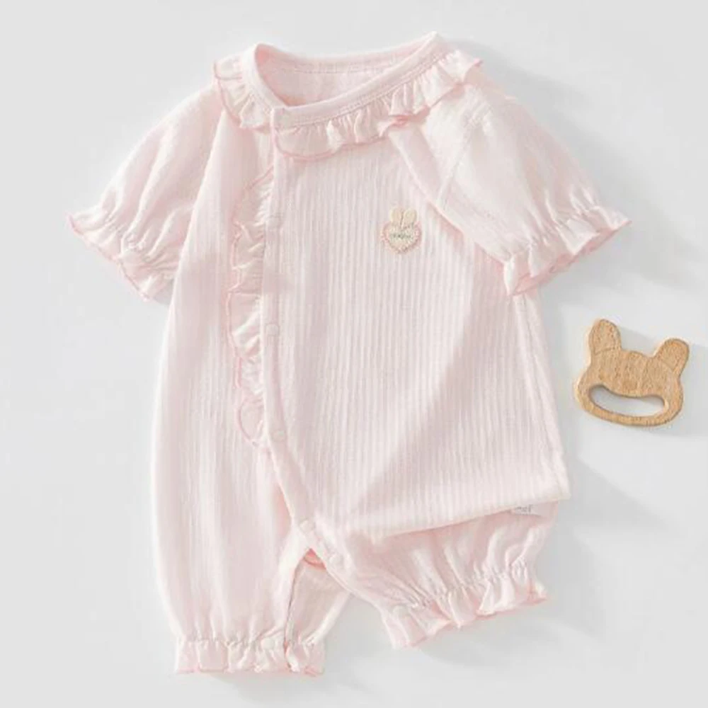 Baby Girl Summer Clothes Ruffles Solid Color Lightweight Newborn Baby Romper Short Sleeve Brethable Infant Jumpsuit