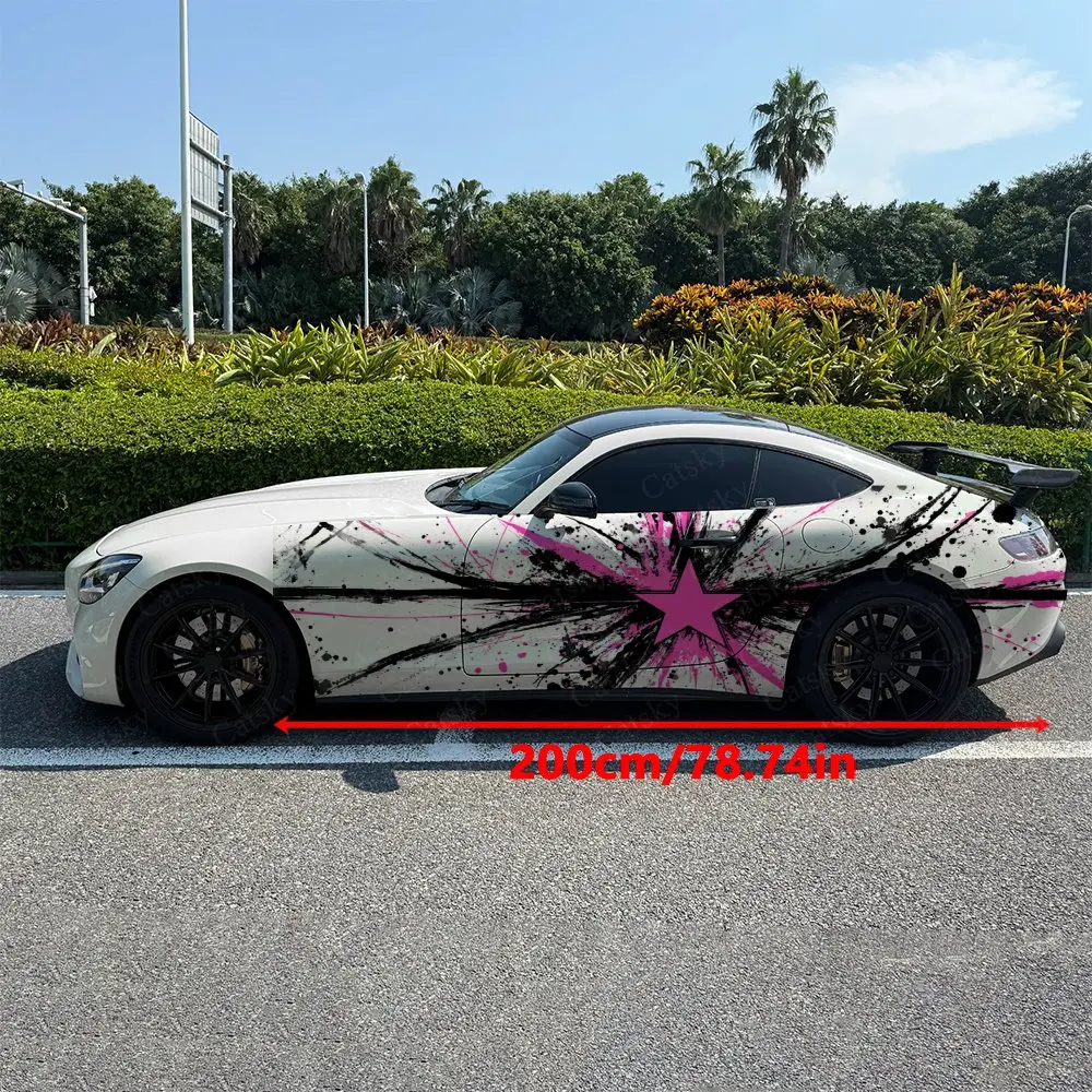 2pcs Pink-Black Star Ink-Splatter, Durable, Fade-resistant, Enhance Vehicle Aesthetics With Bold Artistic Design Car Vinyl Wraps
