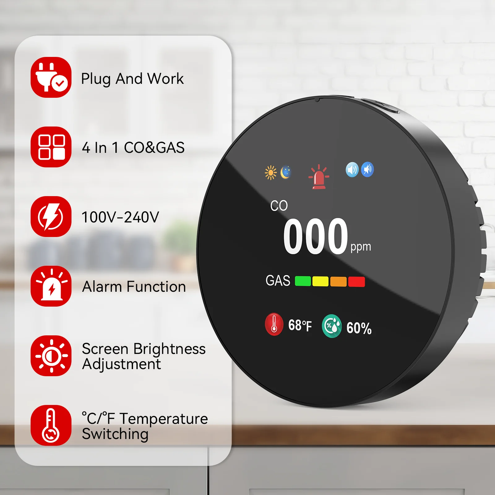 

CHZHVAN Combination Carbon Monoxide Detector & Gas 4-in-1 Natural Gas&CO Alarm with Temperature&Humidity for Home Security Alarm