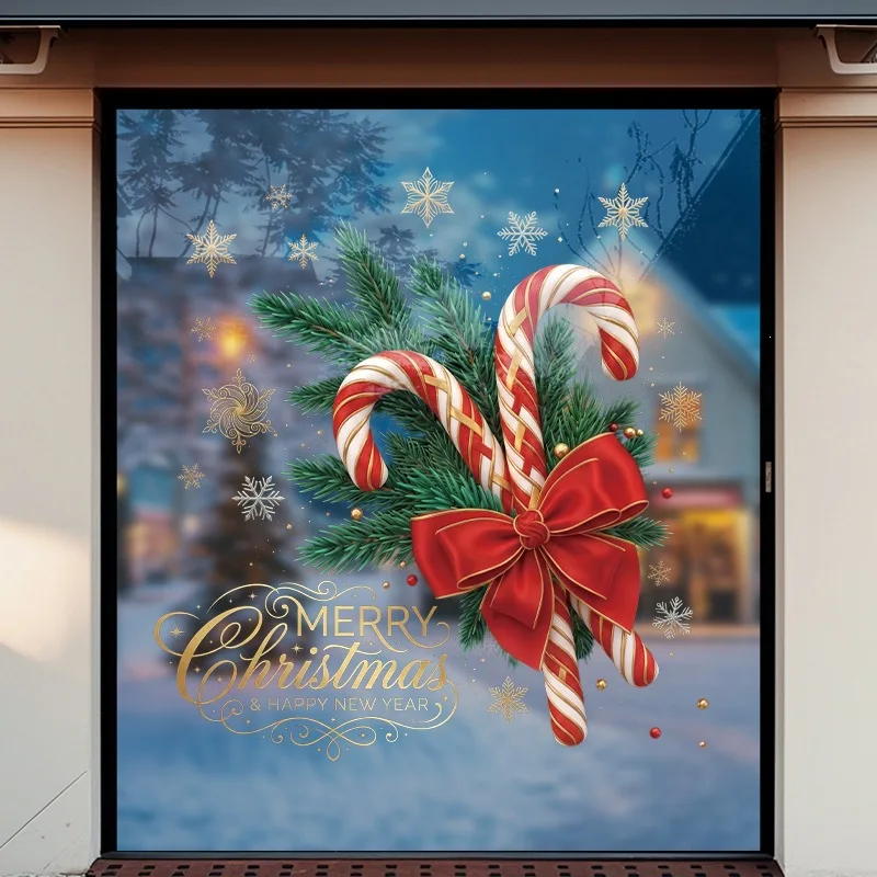 Weihnachtlicher Zuckerstangen-Schleifen-Fensteraufkleber, statischer Glasaufkleber, abnehmbarer Weihnachtsbaumzweig-Fensterdekor für Zuhause und Geschäft