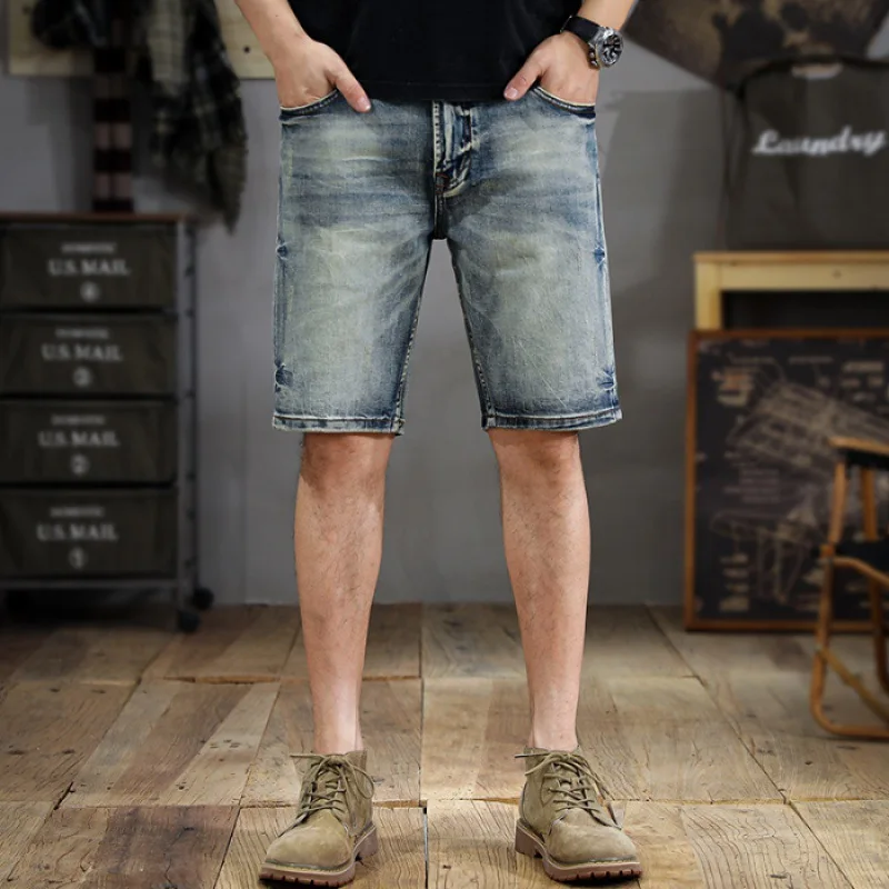 2024 new high-end retro washed men's jeans shorts summer new fashion casual street fashion all-match slim straight pants