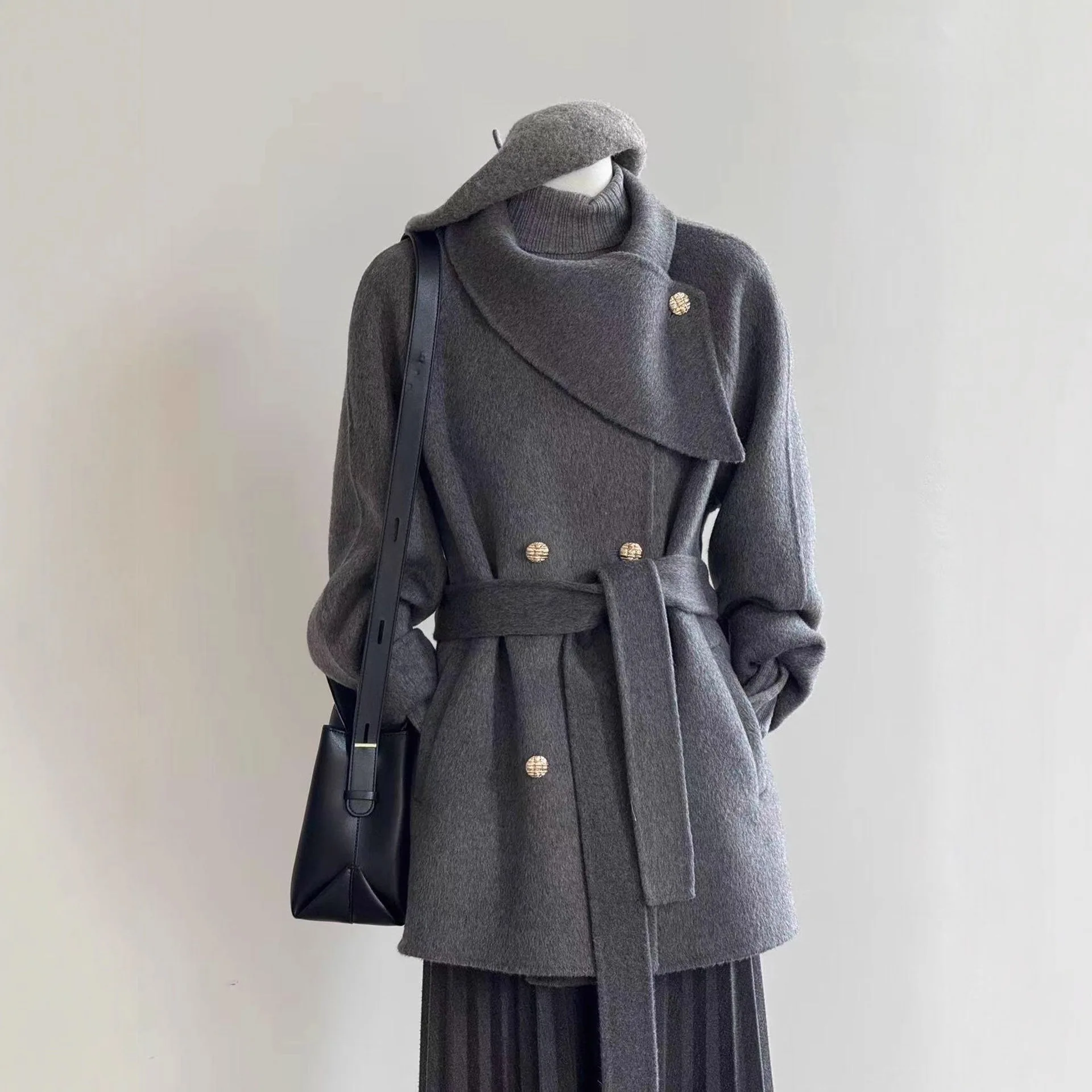 SuperAen Autumn and Winter 2025 New Korean Style Mid-length Woolen Coat for Women Double Breasted Lace-up Jackets