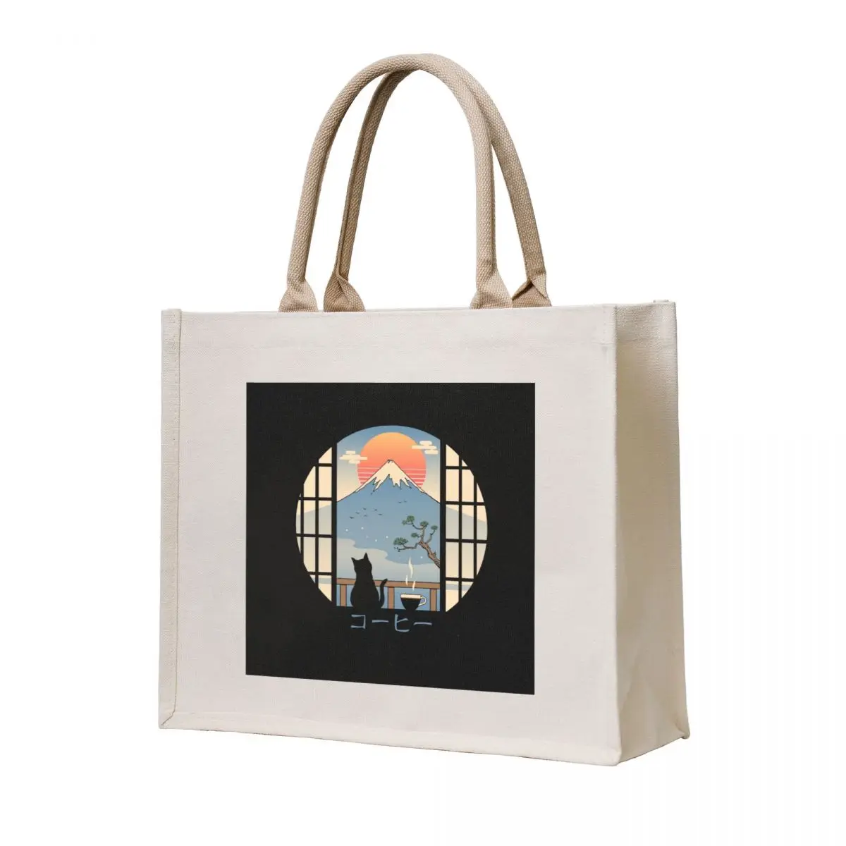 

Coffee Cat in Mt. Fuji Tote Bag tote bags aesthetic custom canvas bag tote bag university hand ladies