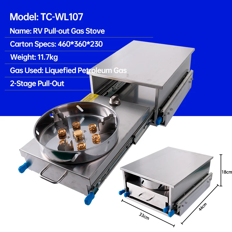 RV Pull Out Gas Stove Stainless Steel Slide Out LPG Cooktop Camping Caravan Kitchen Drawer Stove