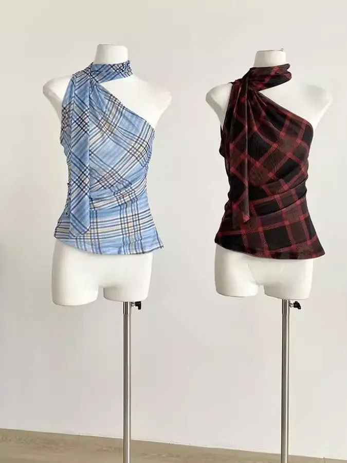 

Retro American Plaid Hanging Ne Oblique oulder Vest Women Summer Spicy ort Sle Slimming Top Asymmetric Korean Version