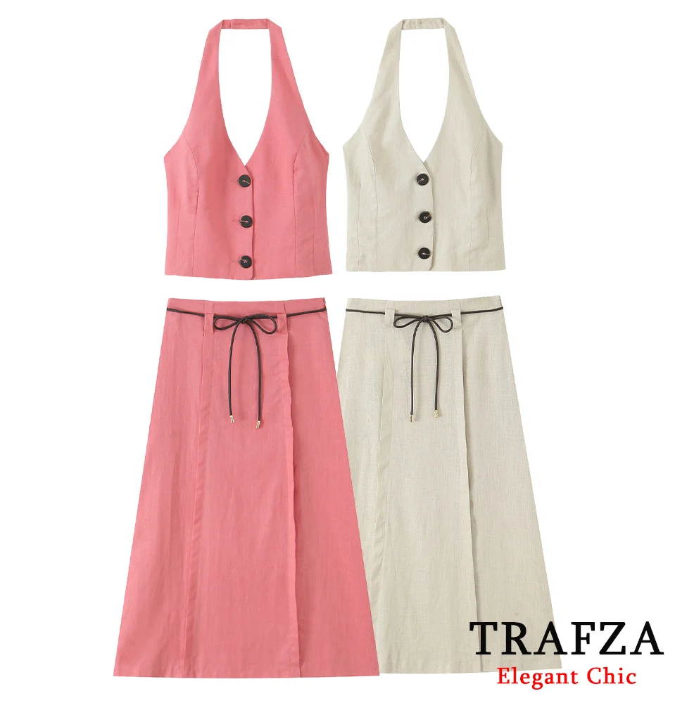 

TRAFZA Women Vacation Halter Tops OR Flowy Midi Skirt Set 2025 New Spring Summer Fashion High Street Holiday Party Beach Suit