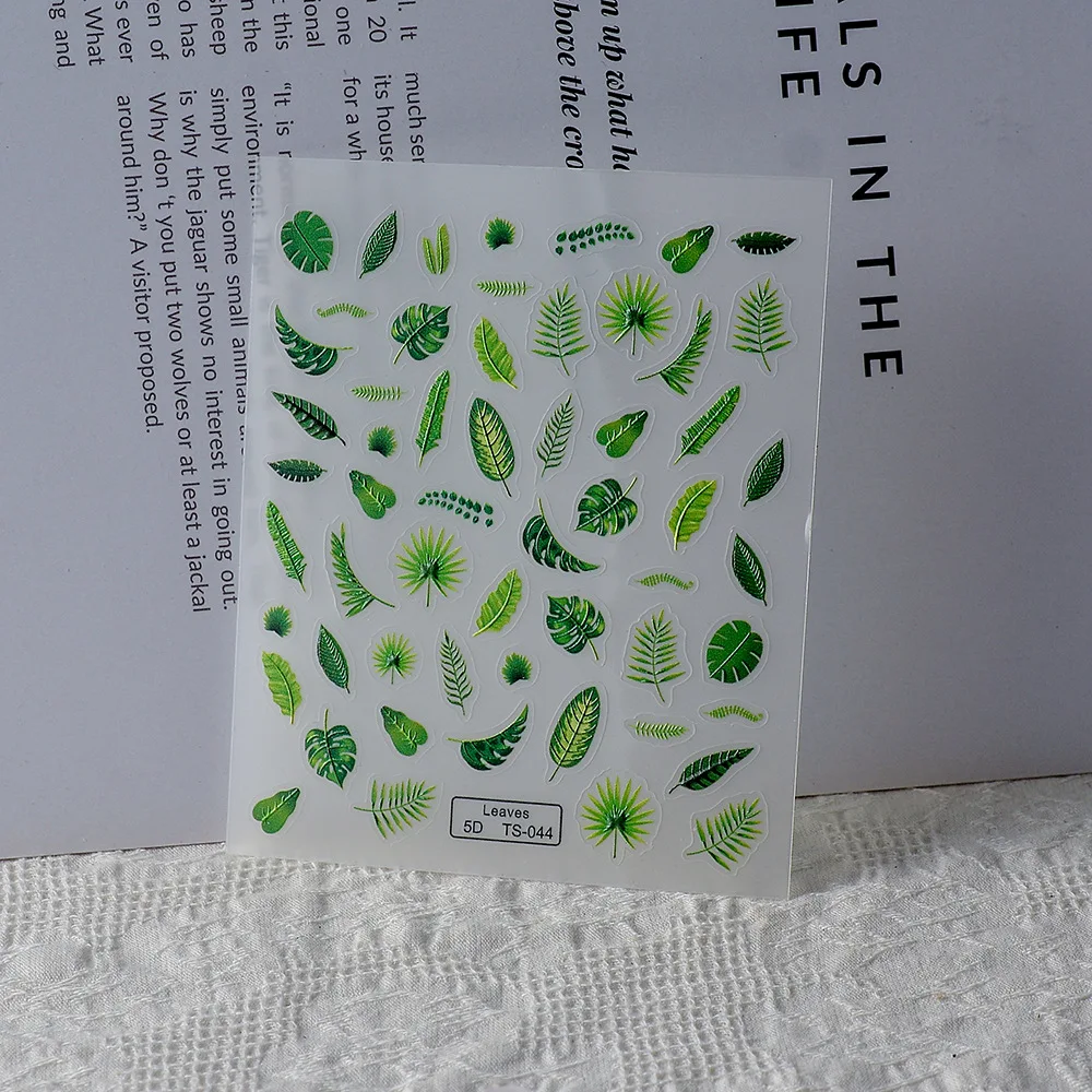 5D Green Tree Leaf Nail Stickers, em relevo, cola traseira, alívio, DIY, outono, Art Decor, novo, setembro, 1 folha