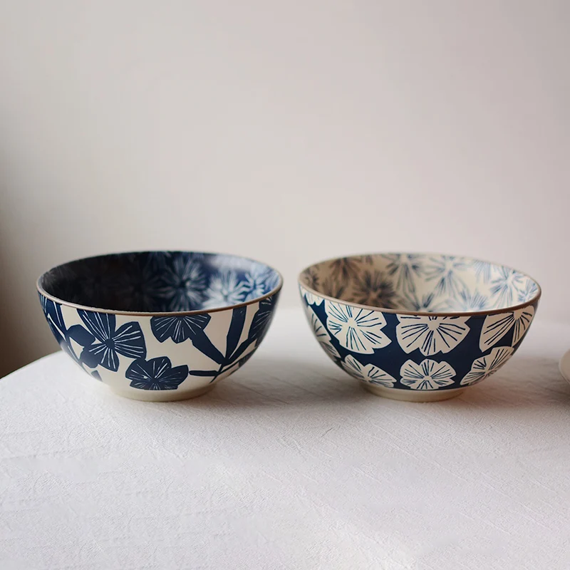 

Japanese creative tableware, white and blue household ceramic bowl, large ramen, rice, noodles, soup bowl