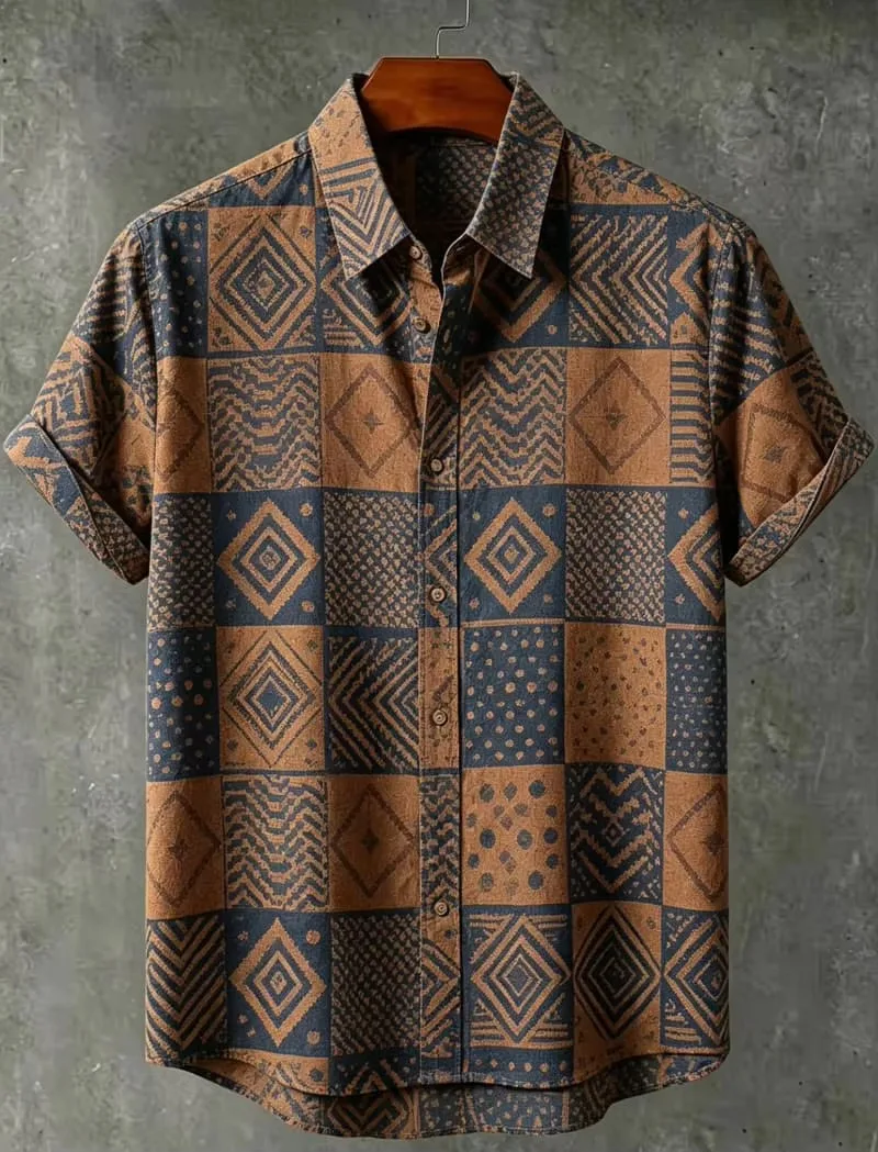 Unisex Camp Collar Short Sleeve Shirt Vintage Patchwork Tribal Mask Zigzag Circle Geometric Print Loose Beach Button Casual Tops