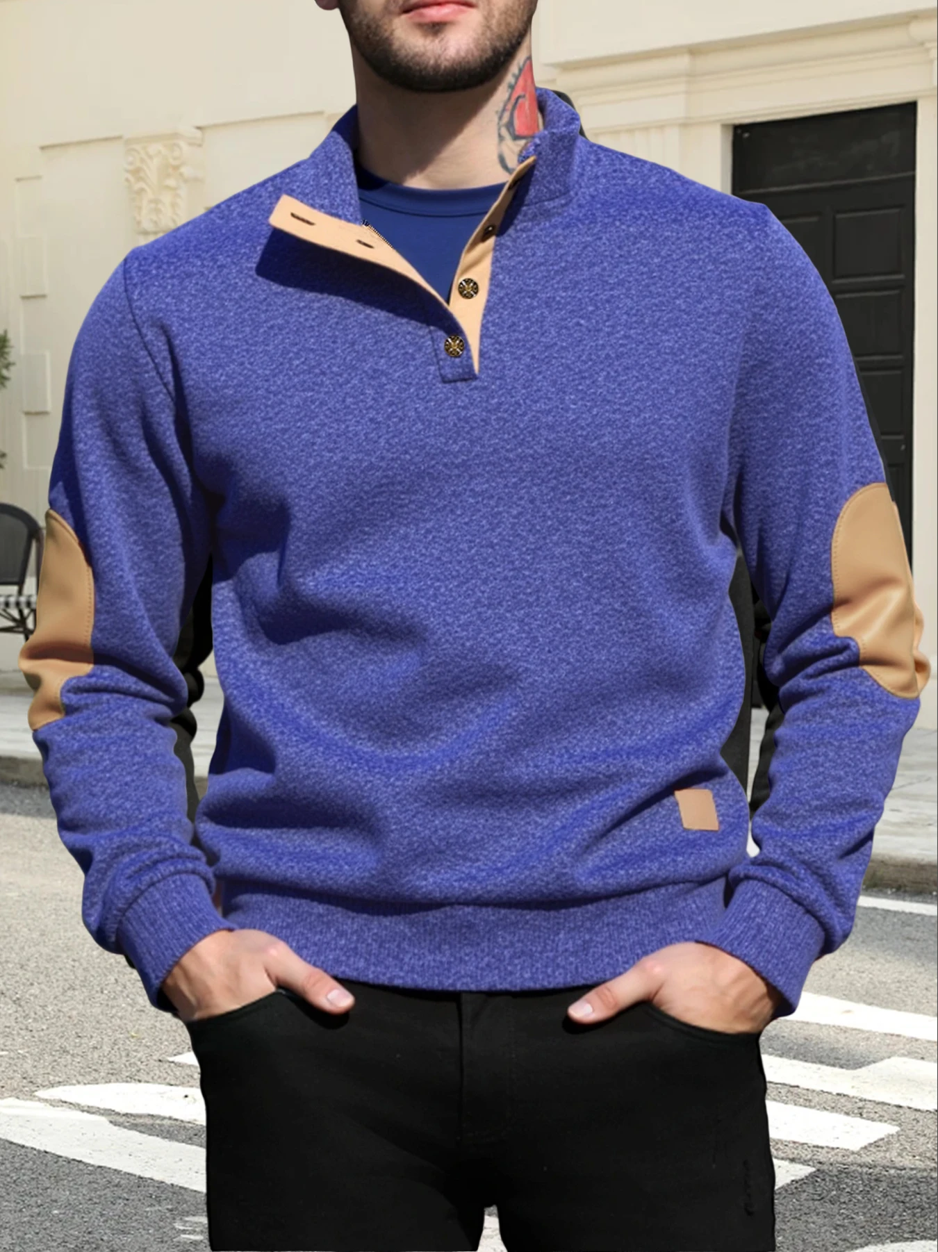 Men's Stand Collar Button Pullover Sweatshirt Fleece Lined Mock Neck Henley Top with Elbow Patches Fleece Lined Warm Winter Casual Daily Wear
