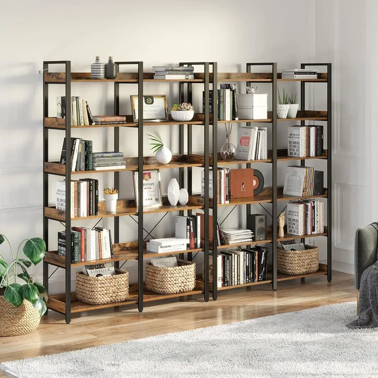 Bookshelf 6 Tier with 4 Hooks, 69” Industrial Wooden Bookcase, Vintage Storage Rack with Open Shelves,