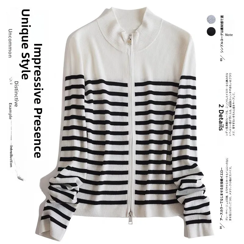 

Ele Zipper Ne Knitted Woolen Sweater Women's Full Wool Stripe Open Cardigan Comfortable Fit Commute Sle Long Sve