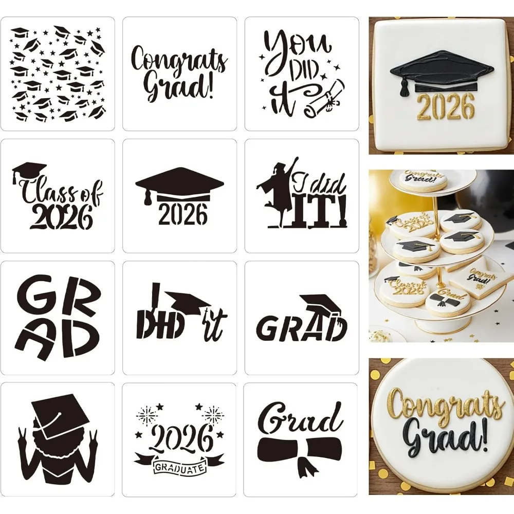 12Pcs 2026 Graduation Spray Stencils, Grad Cap Template for Sugar Cookie Cupcake Baking & Graduation Card Decoration