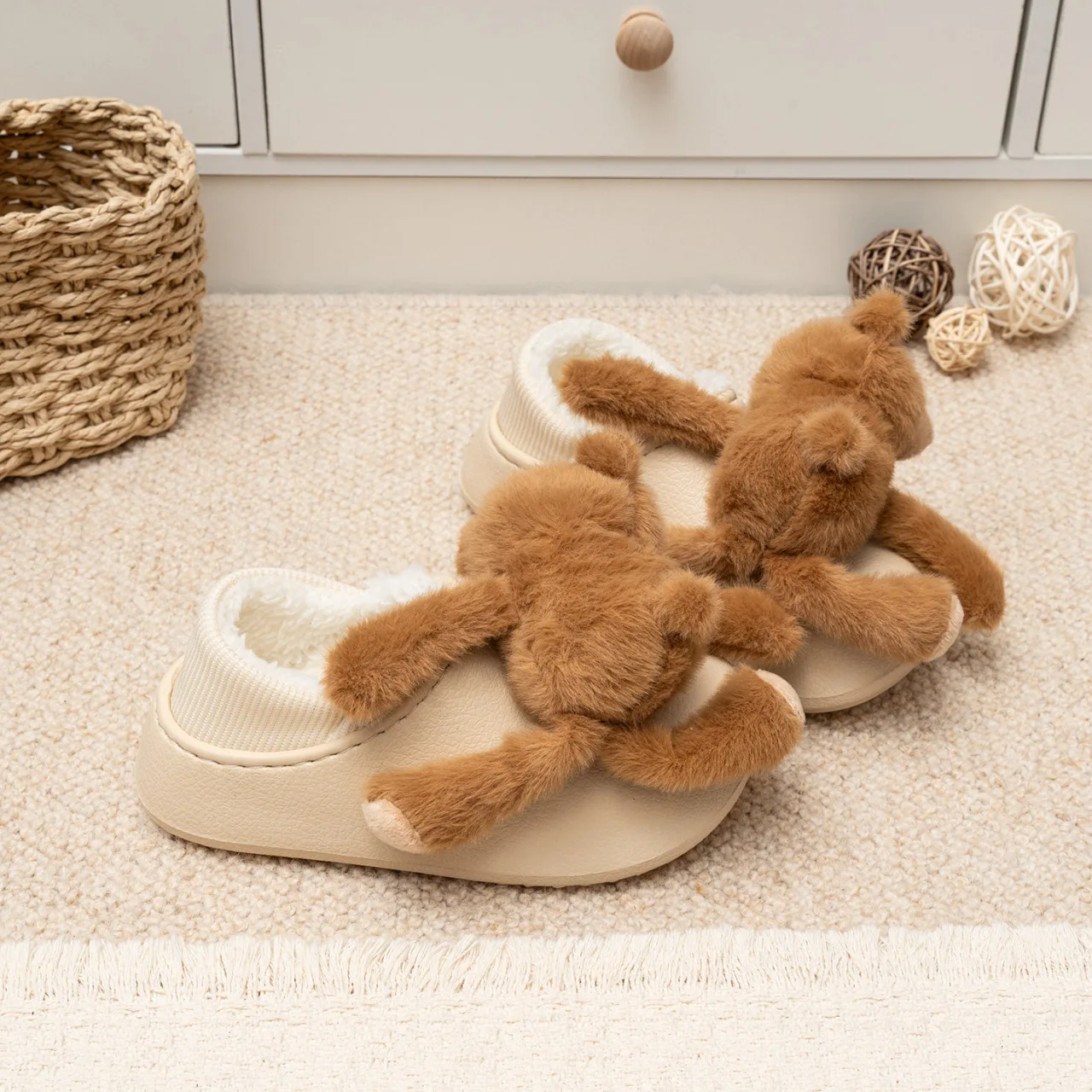 Kids'Casual Shoes PU Leather Bear Winter Fashion Slipper With Heel For Children Warm Anti-slip White Black Size 28-39