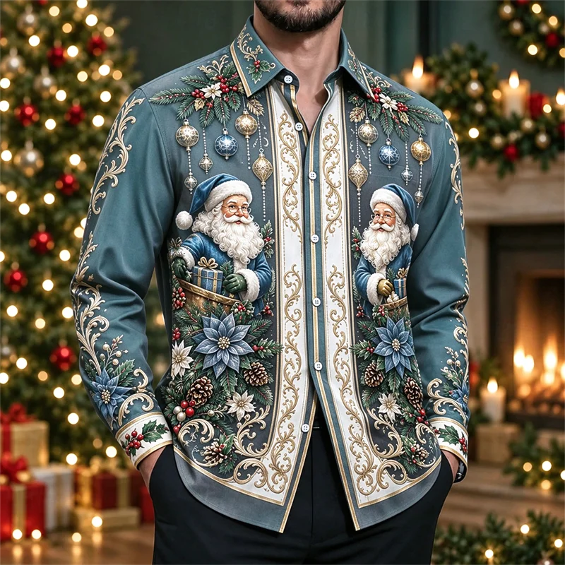 New men's shirt with wine red black symmetrical Santa Claus gold scroll grass pattern magenta pine cone print shirt