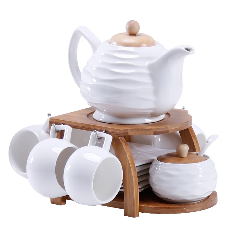 European Style Ceramic Coffee Cups & Pots - Bamboo Wood Frame, Coffee & Tea Sets, Pod Holder, Fine Porcelain & Bone China